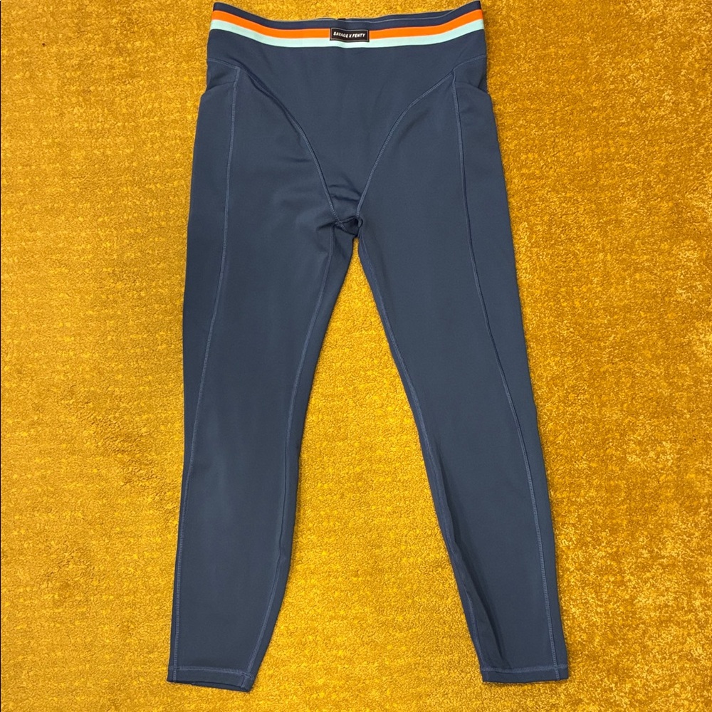 Savage X Fenty Leggings. Color:Blue with Neon Waist stripe, Size:LG